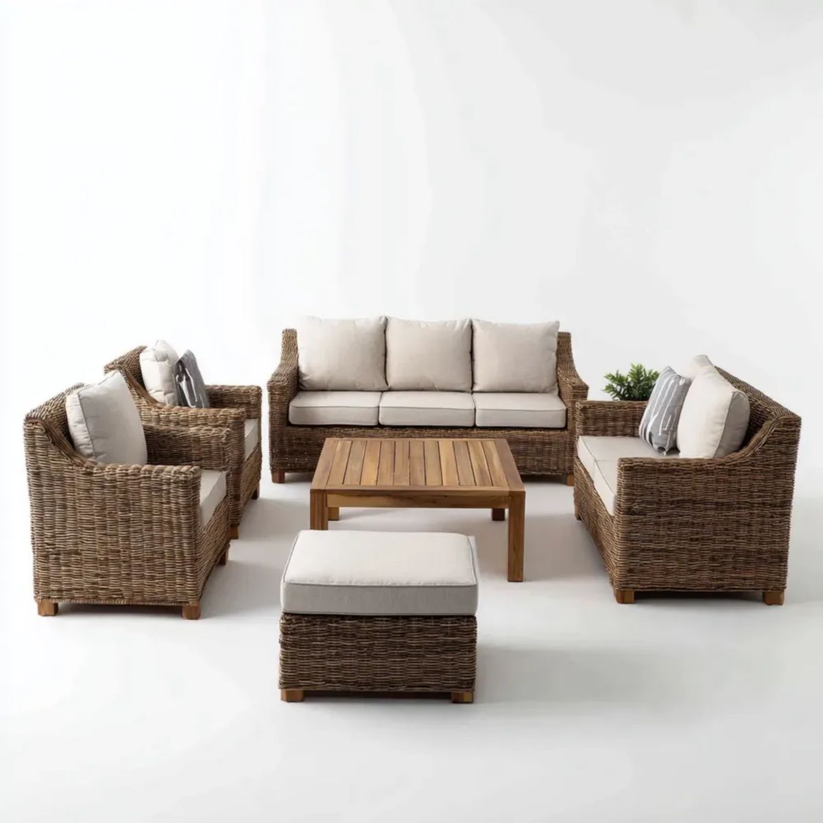 5-częściowy ogrodowy zestaw wypoczynkowy z naturalnego rattanu, brązowy/ecru – sofa 200 × 85 × 85 cm