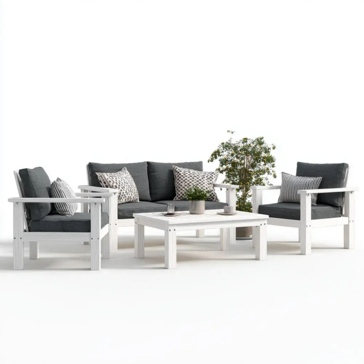 4-częściowy drewniany zestaw mebli ogrodowych biały z grafitowymi poduszkami – sofa 120 × 65 × 80 cm, 2 fotele 68 × 65 × 80 cm, stolik 100 × 55 × 45 cm