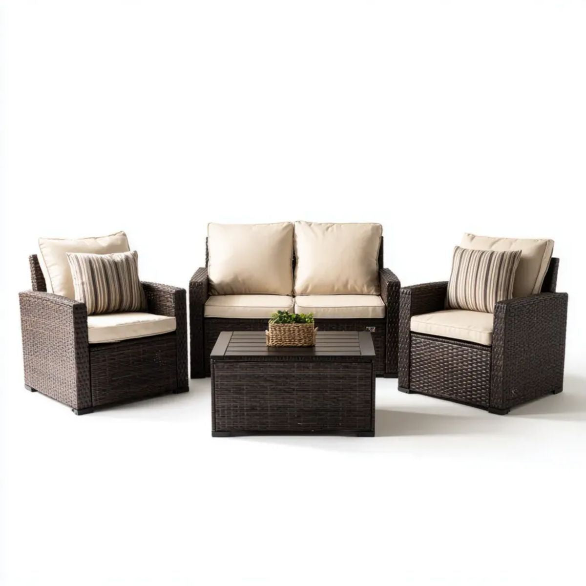 4-częściowy zestaw mebli ogrodowych z technorattanu, ciemnobrązowy/beżowy, sofa 124 x 65 x 77 cm