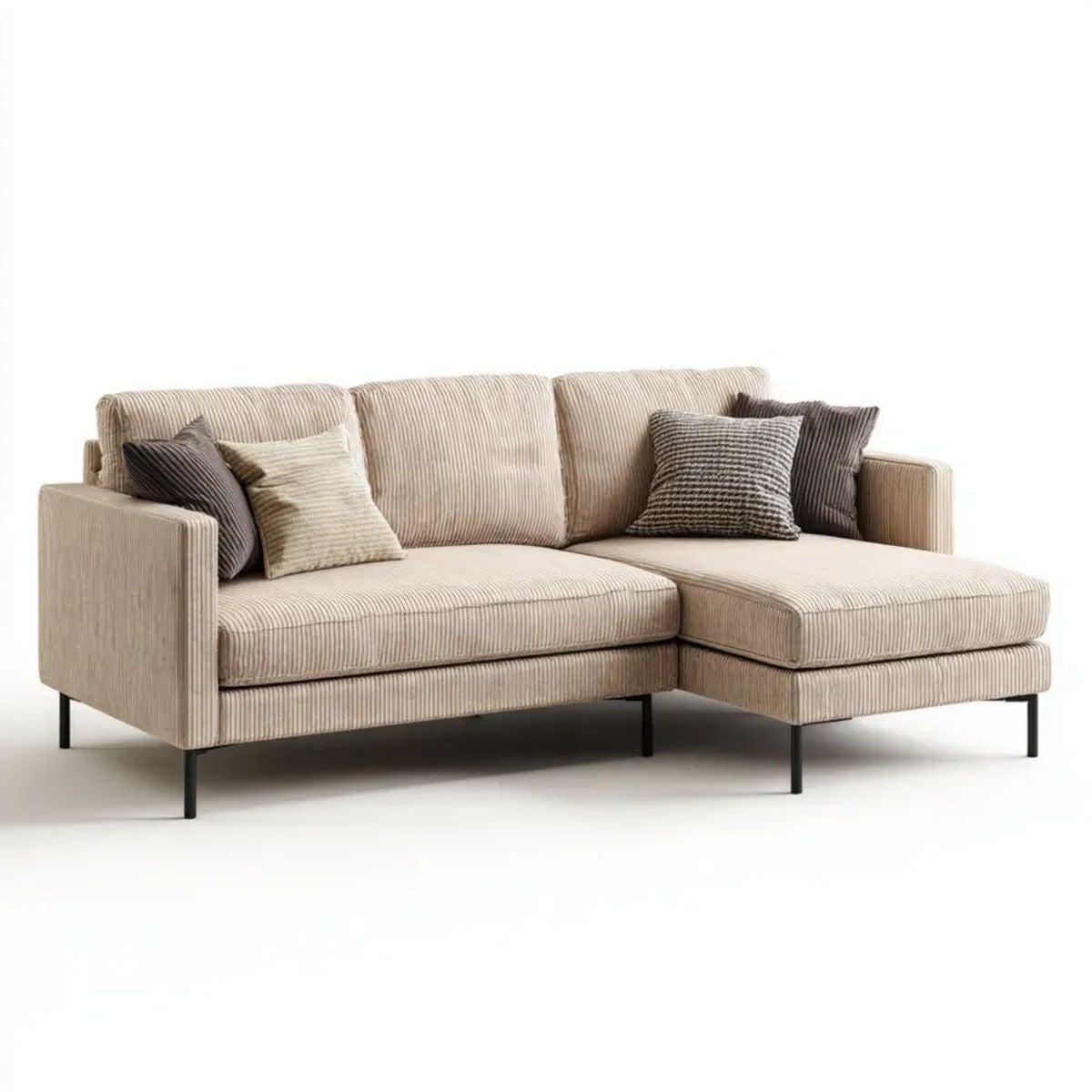 Beżowa sofa narożna z prawostronnym szezlongiem, tapicerowana poliestrem, 245 × 160 × 85 cm