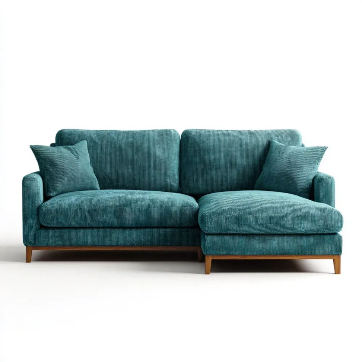Turkusowa sofa narożna z prawostronnym szezlongiem, sztruks poliestrowy, 230 × 150 × 85 cm
