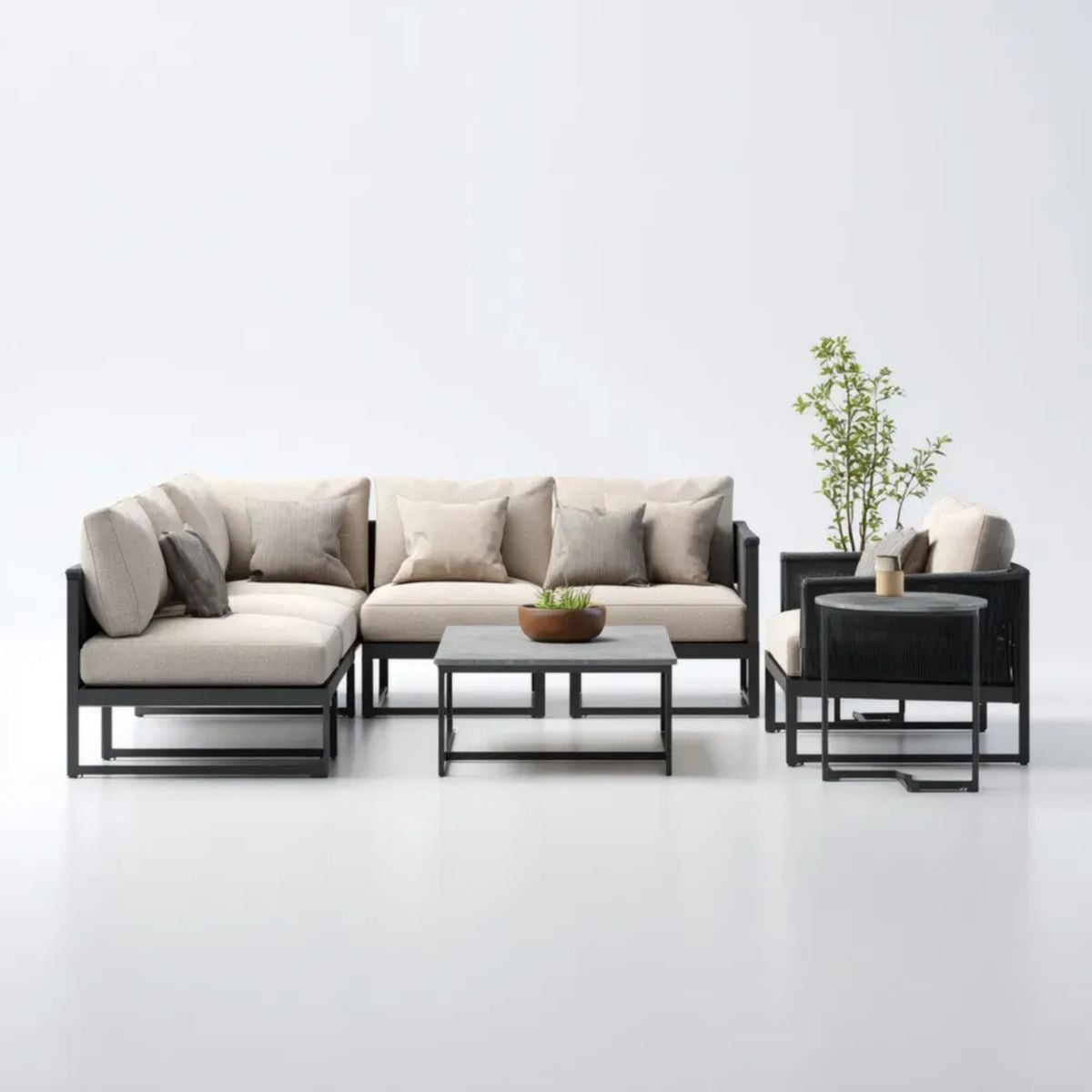 4-elementowy aluminiowy zestaw mebli ogrodowych – sofa narożna 240 x 160 cm, fotel i 2 stoliki, beżowy