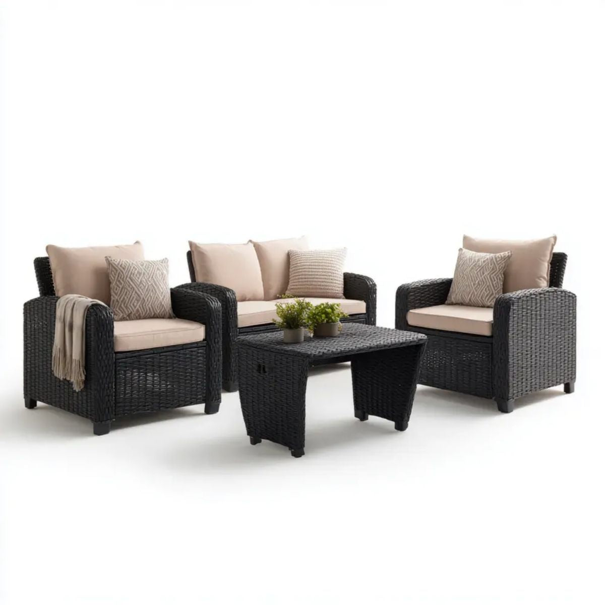 4-częściowy zestaw mebli ogrodowych z technorattanu czarny/beżowy – sofa 2-osobowa 128 × 72 × 82 cm, 2 fotele, stolik 120 × 60 × 45 cm