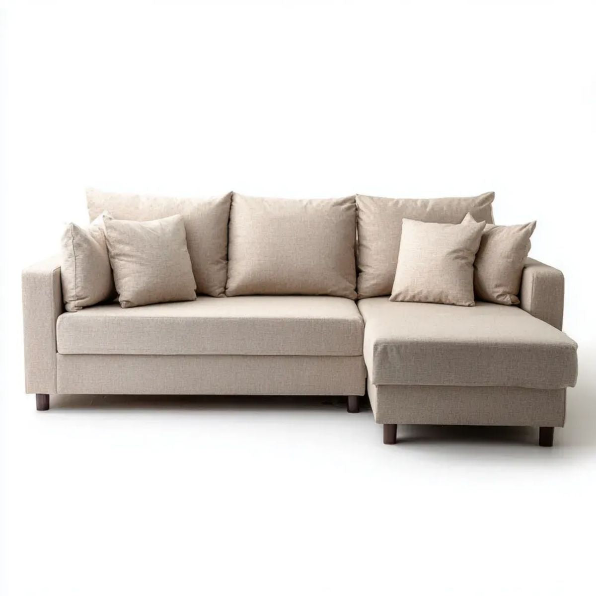 Beżowa sofa narożna w kształcie L z szezlongiem, tkanina poliestrowa, 250 x 160 x 85 cm
