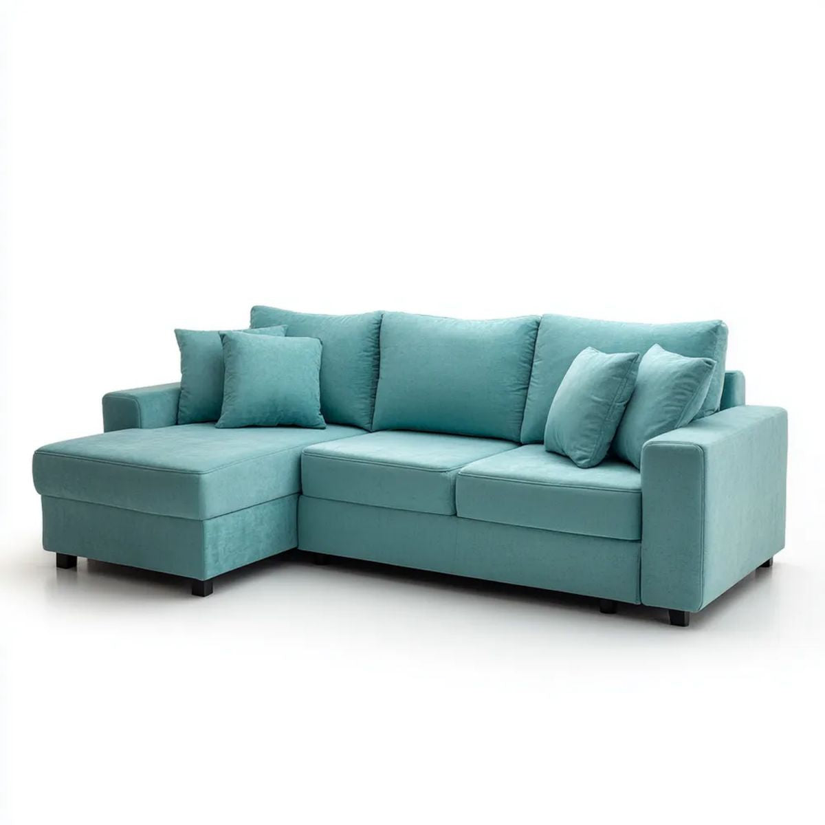 Turkusowa aksamitna sofa narożna w kształcie L z lewostronnym szezlongiem, 260 x 160 x 85 cm
