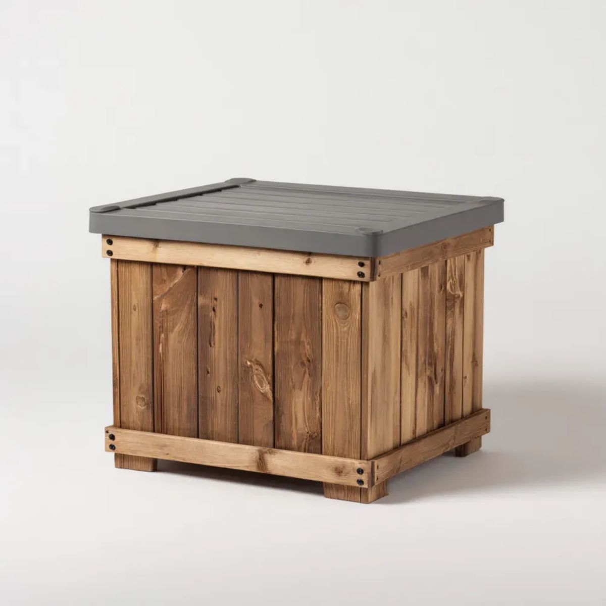 Drewniana skrzynia do przechowywania z pokrywą z tworzywa, brązowo-szara, 80 × 50 × 60 cm