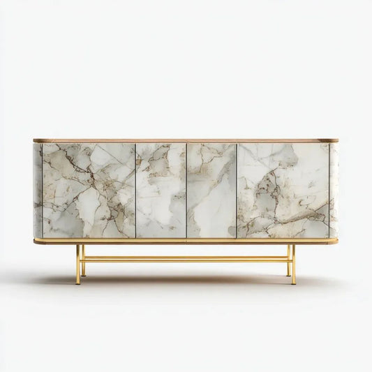 Biała komoda MDF z dekorem marmuru i złotym stelażem 180 x 45 x 85 cm