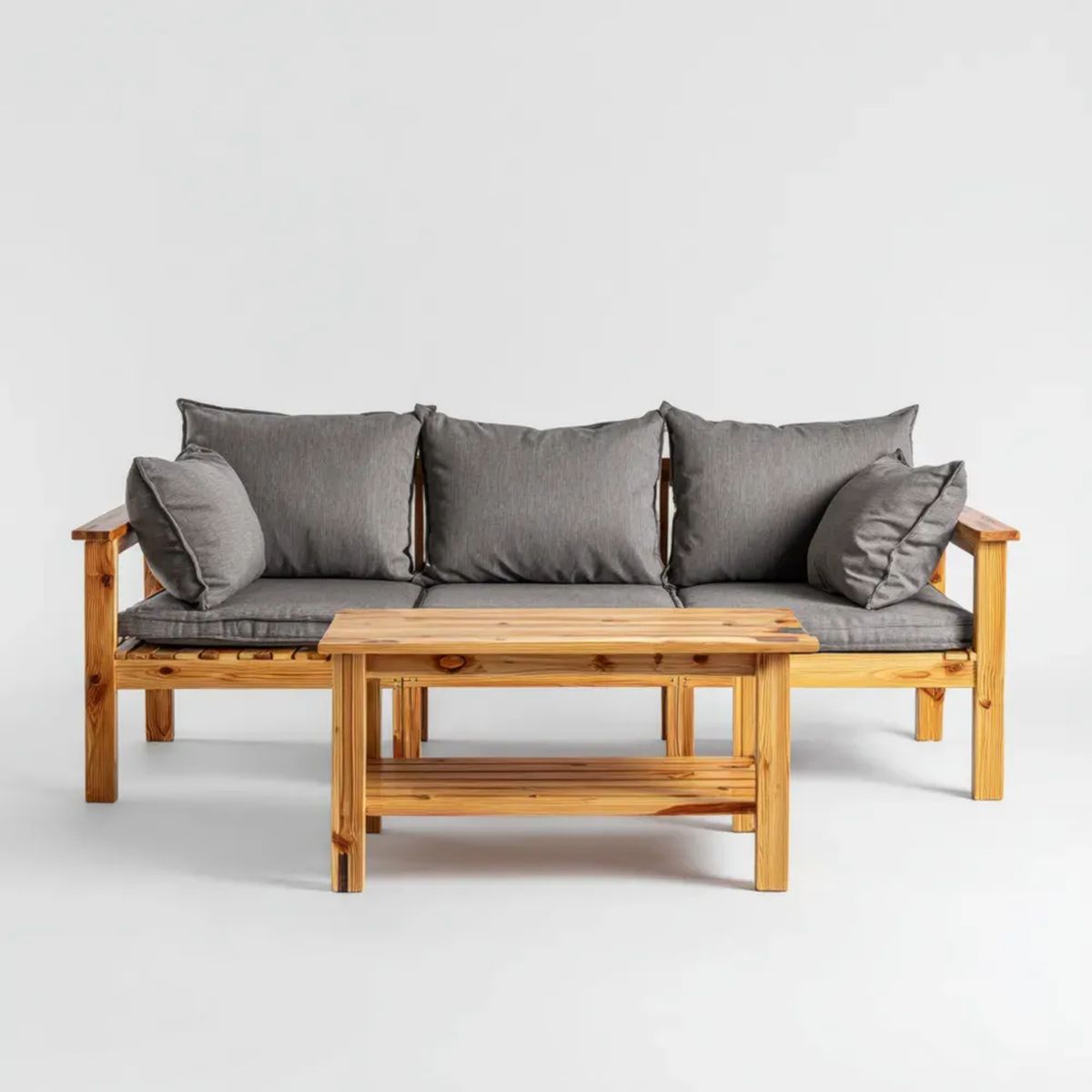 Ogrodowy drewniany zestaw wypoczynkowy: sofa 3-osobowa 180 × 75 × 75 cm i stolik 110 × 60 × 45 cm, naturalny brąz/szary