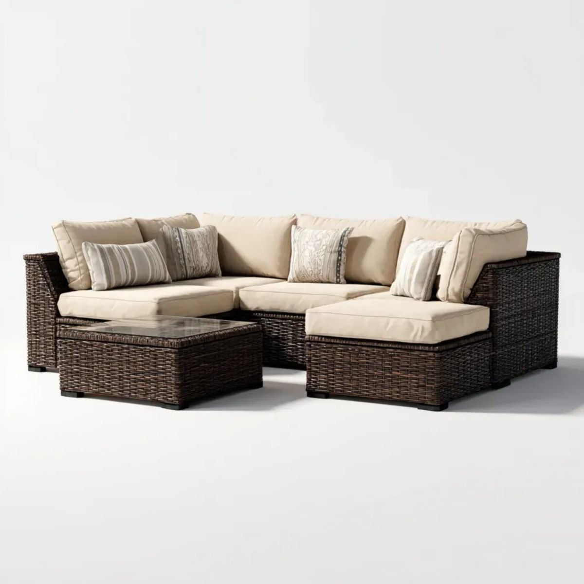 Ogrodowy zestaw mebli z technorattanu – sofa narożna 220 x 150 x 75 cm i stolik 100 x 60 x 45 cm, brązowo-beżowy