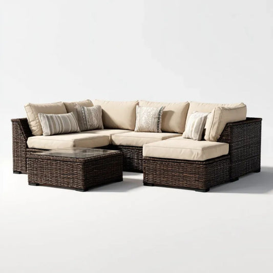 Ogrodowy zestaw mebli z technorattanu – sofa narożna 220 x 150 x 75 cm i stolik 100 x 60 x 45 cm, brązowo-beżowy