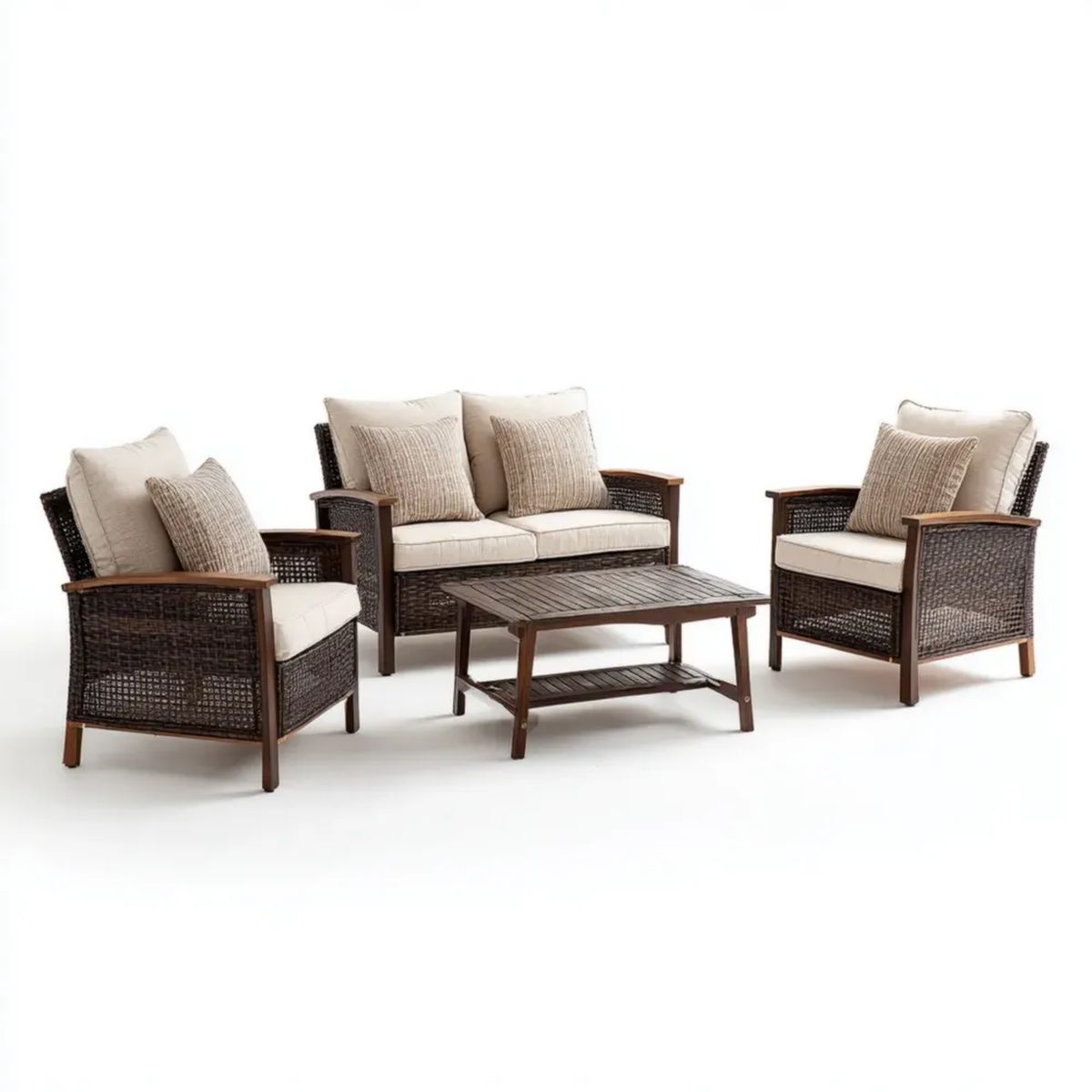 4-częściowy zestaw mebli ogrodowych z rattanu PE i drewna akacjowego – sofa 128 × 76 × 78 cm, 2 fotele 72 × 76 × 78 cm, stolik 100 × 60 × 45 cm, brązowy/kremowy/beżowy