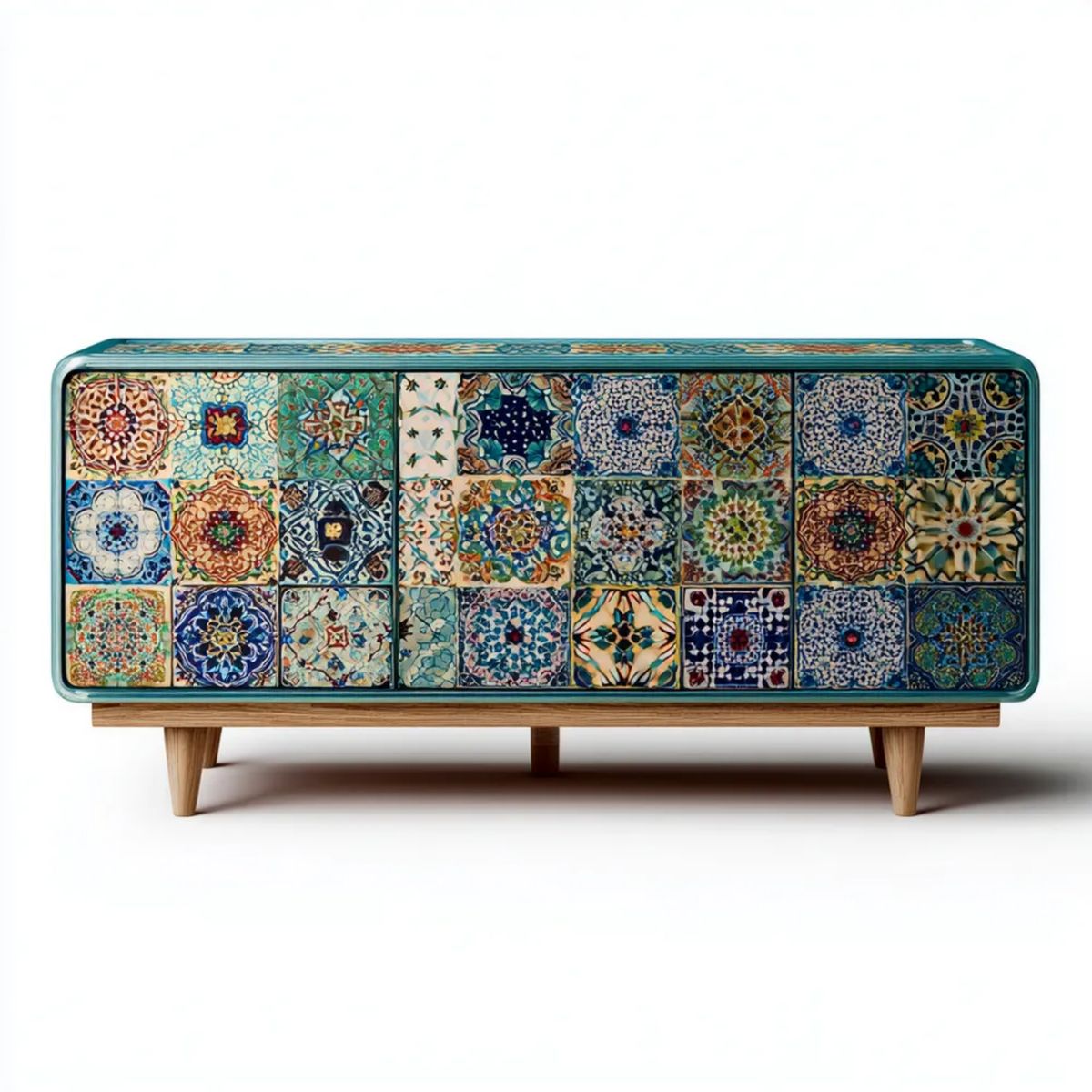 Turkusowa komoda dekoracyjna z MDF, drewna i płytek ceramicznych 160 x 40 x 80 cm