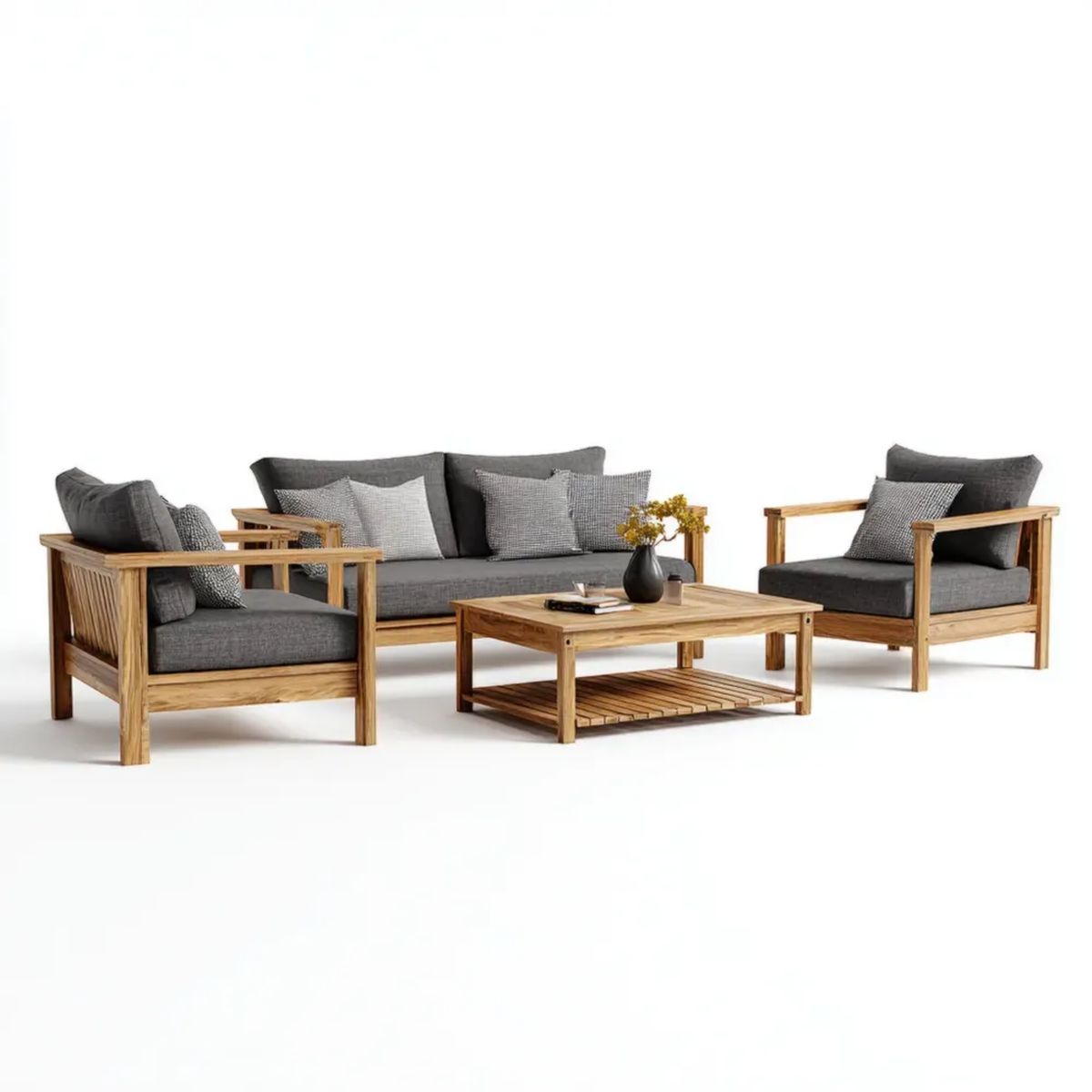 4-częściowy drewniany zestaw mebli ogrodowych: sofa 180 x 75 x 70 cm, 2 fotele i stolik kawowy, naturalny brąz/szary