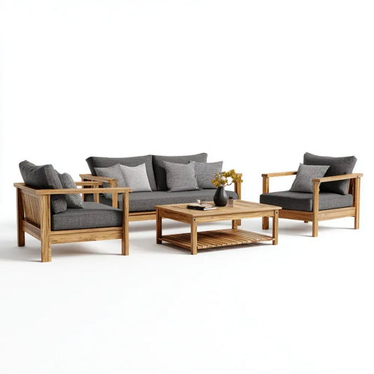 4-częściowy drewniany zestaw mebli ogrodowych: sofa 180 x 75 x 70 cm, 2 fotele i stolik kawowy, naturalny brąz/szary