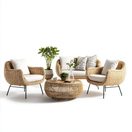 4-częściowy zestaw mebli ogrodowych z rattanu PE i stali – sofa 125 × 70 × 78 cm, 2 fotele 75 × 70 × 78 cm, stolik Ø 80 × 42 cm, beżowy/ecru/czarny