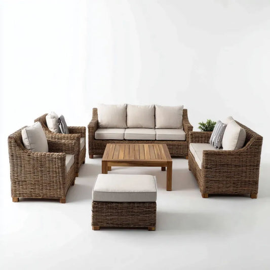 5-częściowy ogrodowy zestaw wypoczynkowy z naturalnego rattanu, brązowy/ecru – sofa 200 × 85 × 85 cm