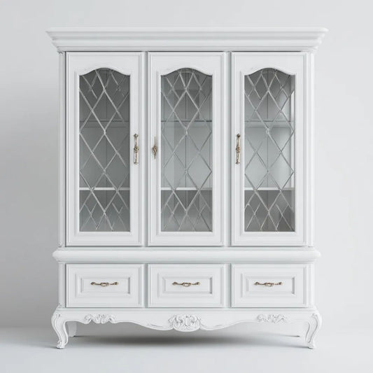 Witryna 3-drzwiowa z 3 szufladami, biała, MDF i szkło hartowane, 160 x 45 x 220 cm