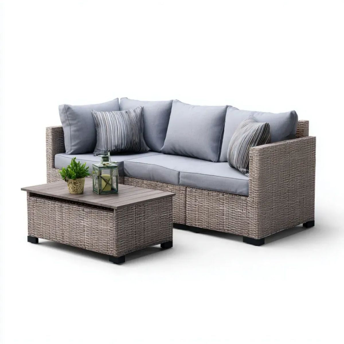 2-osobowy zestaw ogrodowy z technorattanu, szary – sofa 154 × 75 × 70 cm i stolik 100 × 60 × 45 cm