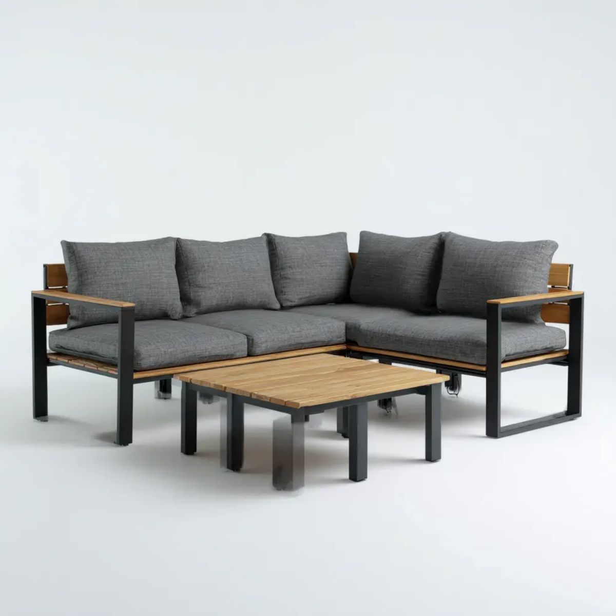 3-elementowy narożny zestaw mebli ogrodowych w kształcie L z drewna i metalu, szary/czarny/brązowy, sofa 180 × 180 × 65 cm, stolik 90 × 60 × 45 cm