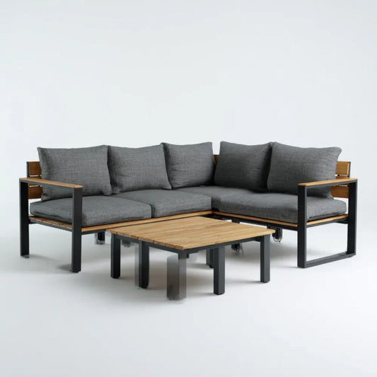3-elementowy narożny zestaw mebli ogrodowych w kształcie L z drewna i metalu, szary/czarny/brązowy, sofa 180 × 180 × 65 cm, stolik 90 × 60 × 45 cm