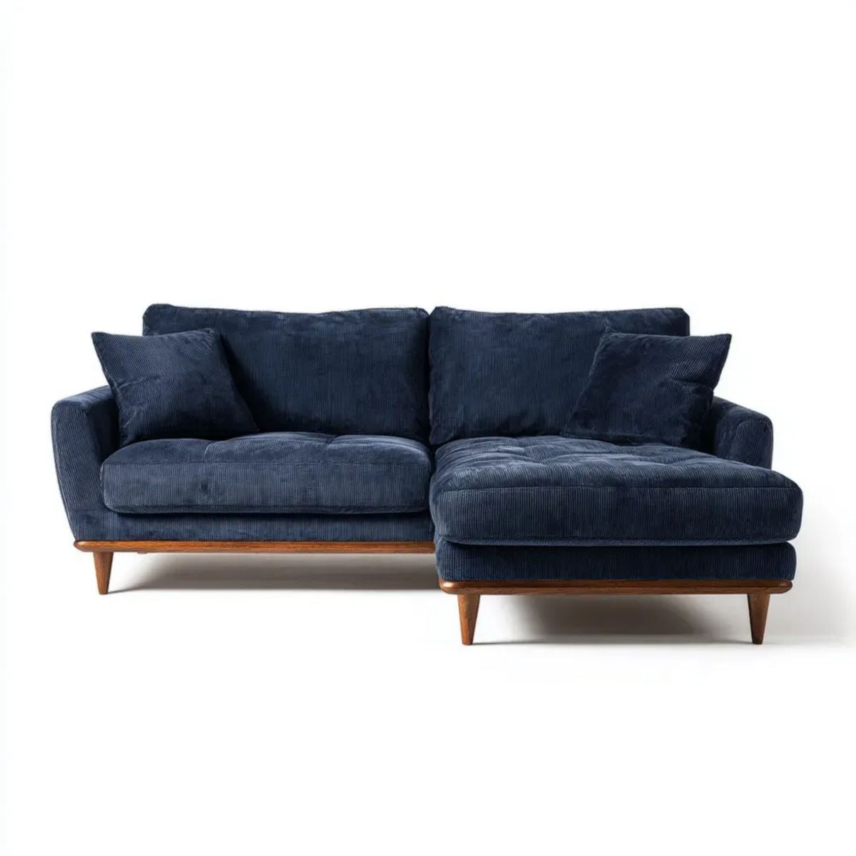 Granatowa sofa narożna prawostronna z szezlongiem z prążkowanego poliestru 250 × 160 × 85 cm