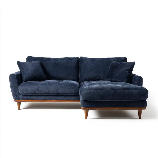 Granatowa sofa narożna prawostronna z szezlongiem z prążkowanego poliestru 250 × 160 × 85 cm