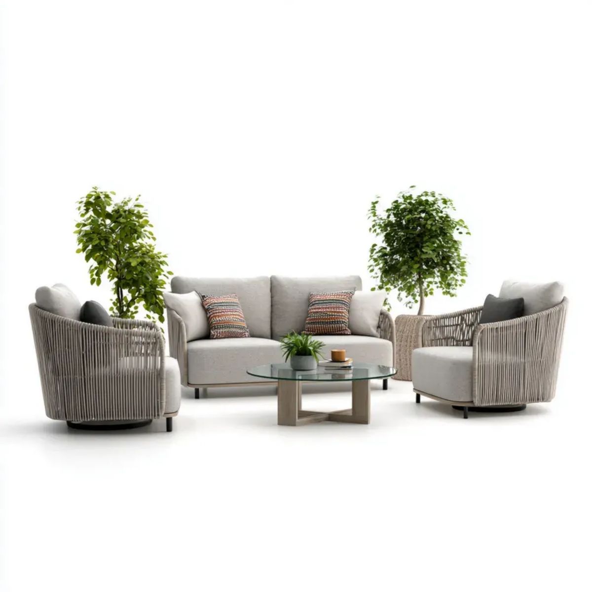 4-częściowy zestaw wypoczynkowy ogrodowy z plecionki polipropylenowej, beżowo-szary, sofa 160 × 75 × 78 cm, stolik szklany Ø 90 cm