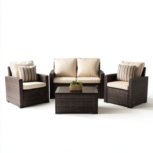 4-częściowy zestaw mebli ogrodowych z technorattanu, ciemnobrązowy/beżowy, sofa 124 x 65 x 77 cm