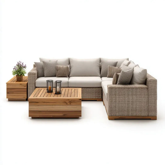 3-modułowy narożny zestaw sof ogrodowych 280 × 210 × 75 cm z technorattanu PE i aluminium, z drewnianymi stolikami, beżowy
