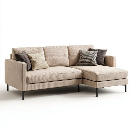 Beżowa sofa narożna z prawostronnym szezlongiem, tapicerowana poliestrem, 245 × 160 × 85 cm