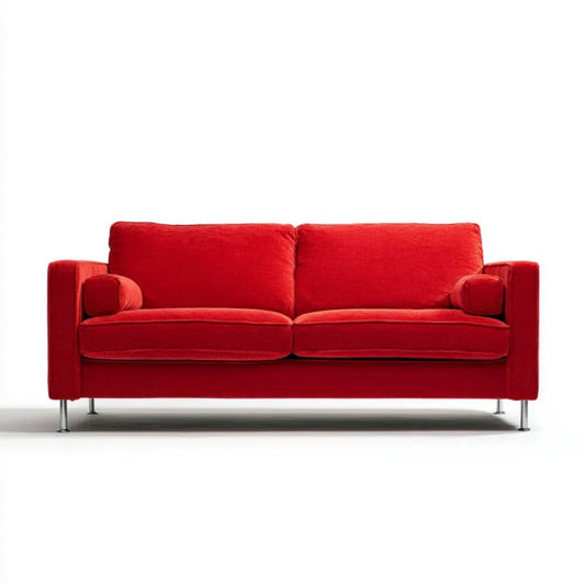 Dwuosobowa sofa tapicerowana tkaniną, czerwona ze srebrnymi nogami, 200 x 90 x 85 cm