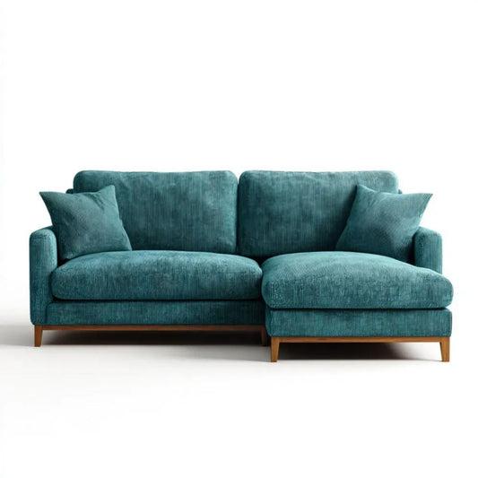 Turkusowa sofa narożna z prawostronnym szezlongiem, sztruks poliestrowy, 230 × 150 × 85 cm