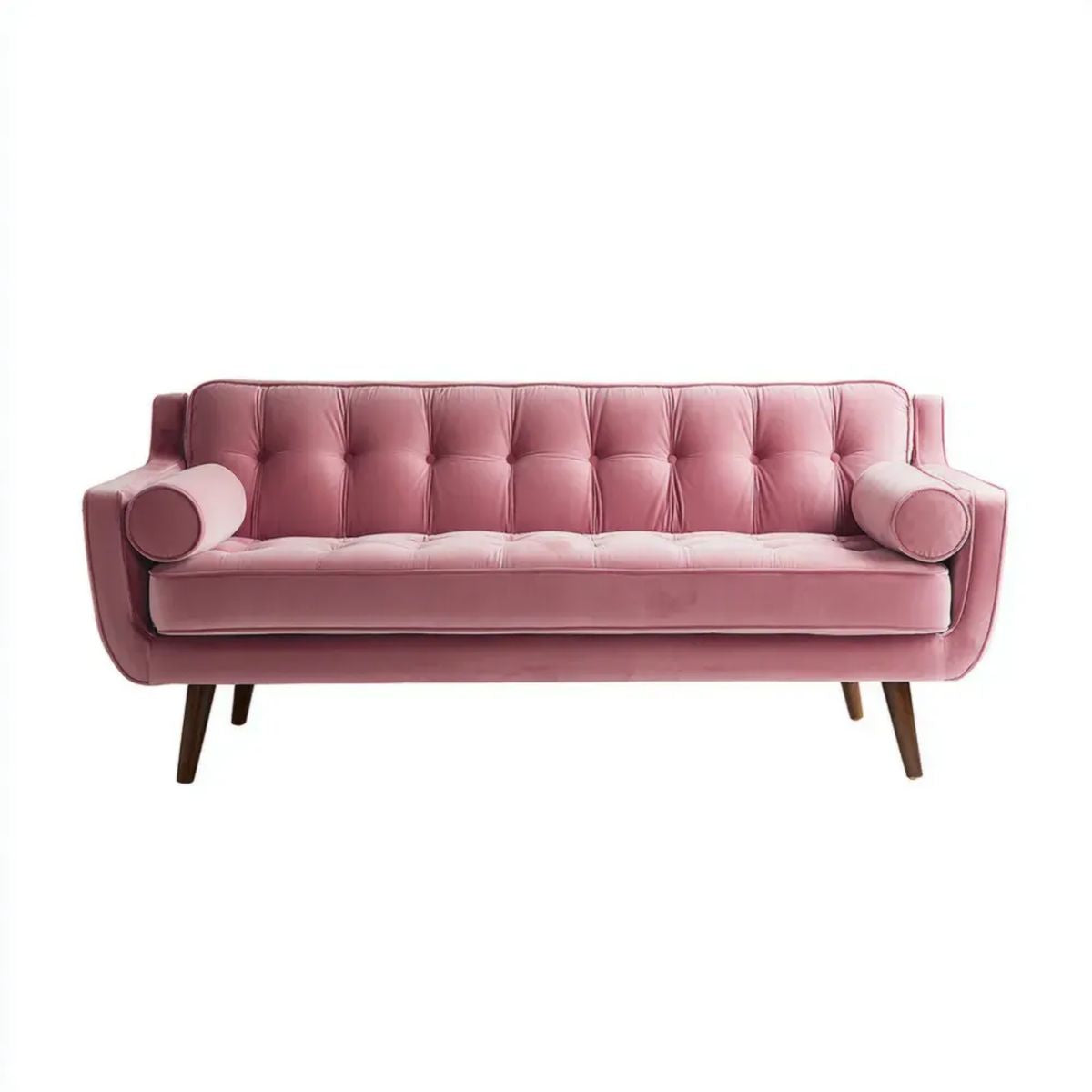 Trzyosobowa sofa z weluru różowa z brązowymi drewnianymi nogami, 210 x 85 x 88 cm