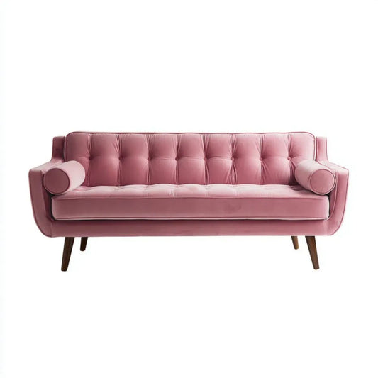 Trzyosobowa sofa z weluru różowa z brązowymi drewnianymi nogami, 210 x 85 x 88 cm