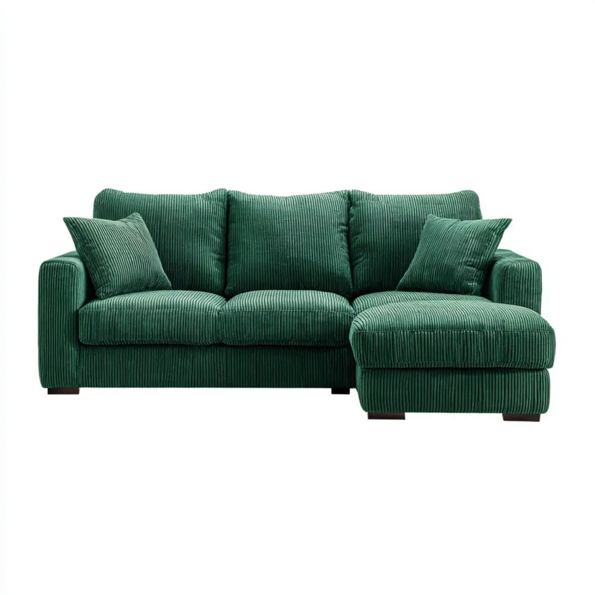 Zielona sofa narożna w kształcie L ze sztruksu poliestrowego, z prawostronnym szezlongiem, 230 × 150 × 85 cm