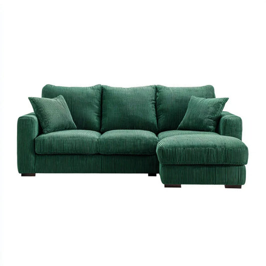 Zielona sofa narożna w kształcie L ze sztruksu poliestrowego, z prawostronnym szezlongiem, 230 × 150 × 85 cm