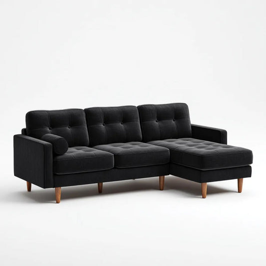 Prawostronna sofa narożna z szezlongiem z aksamitu, czarno-brązowa, 250 × 155 × 85 cm