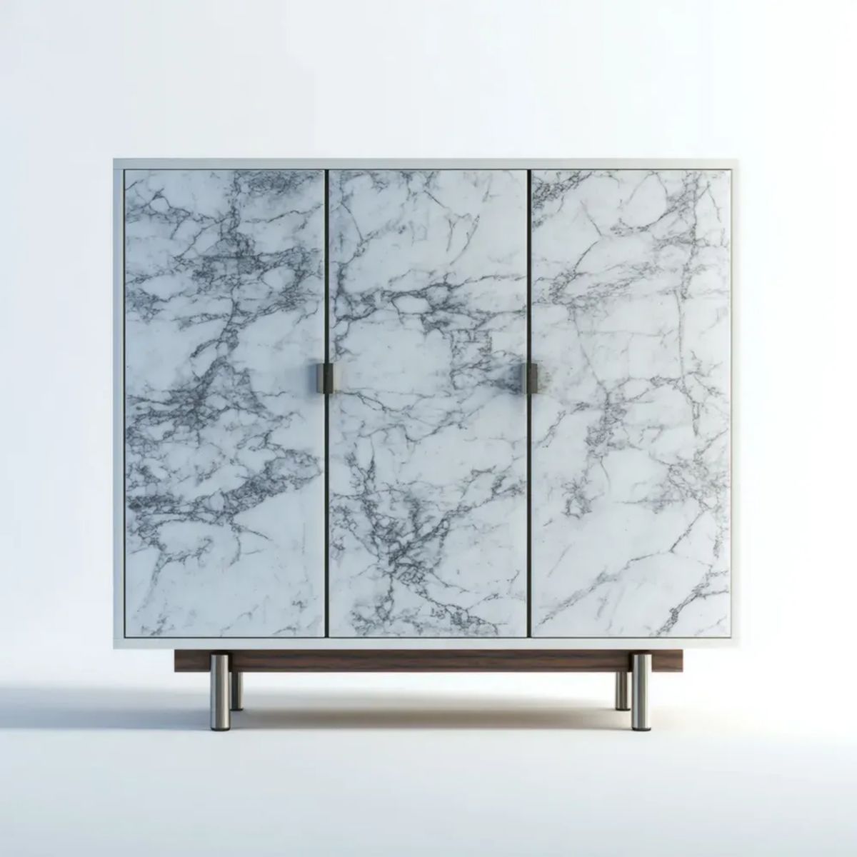 Biała szafka do przechowywania z płyty MDF z dekorem marmuru, 3-drzwiowa, 120 x 40 x 100 cm