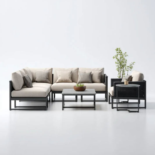 4-elementowy aluminiowy zestaw mebli ogrodowych – sofa narożna 240 x 160 cm, fotel i 2 stoliki, beżowy