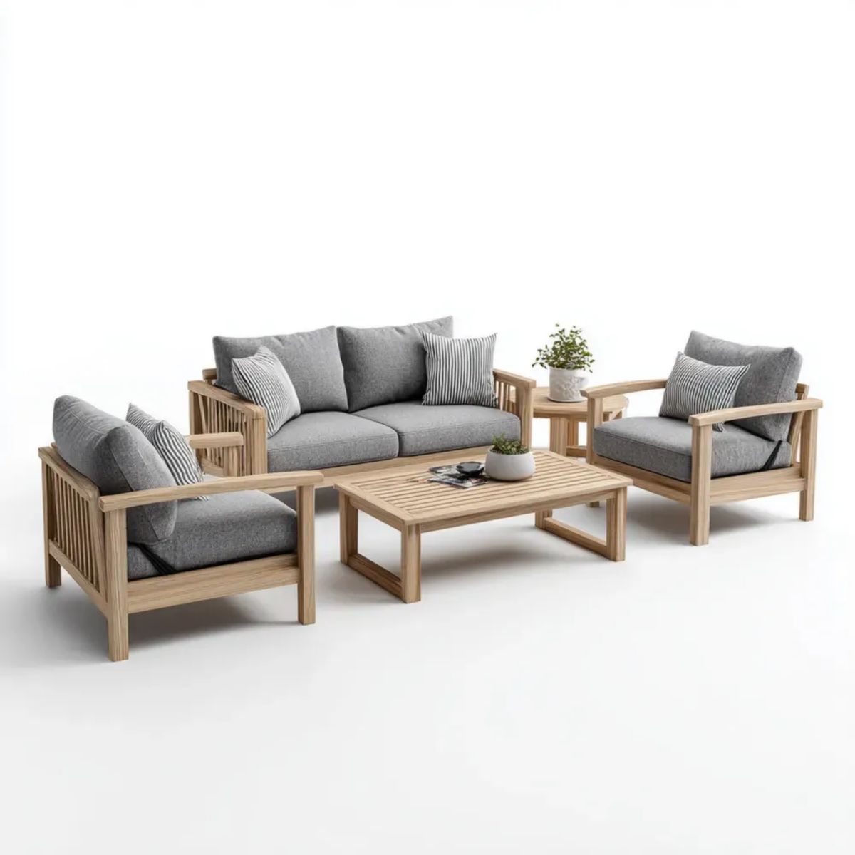 5-częściowy drewniany zestaw mebli ogrodowych, naturalny/szary, sofa 140 × 75 × 75 cm