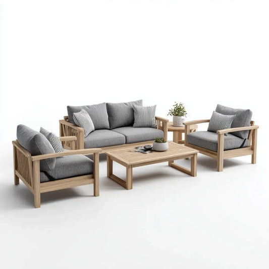 5-częściowy drewniany zestaw mebli ogrodowych, naturalny/szary, sofa 140 × 75 × 75 cm