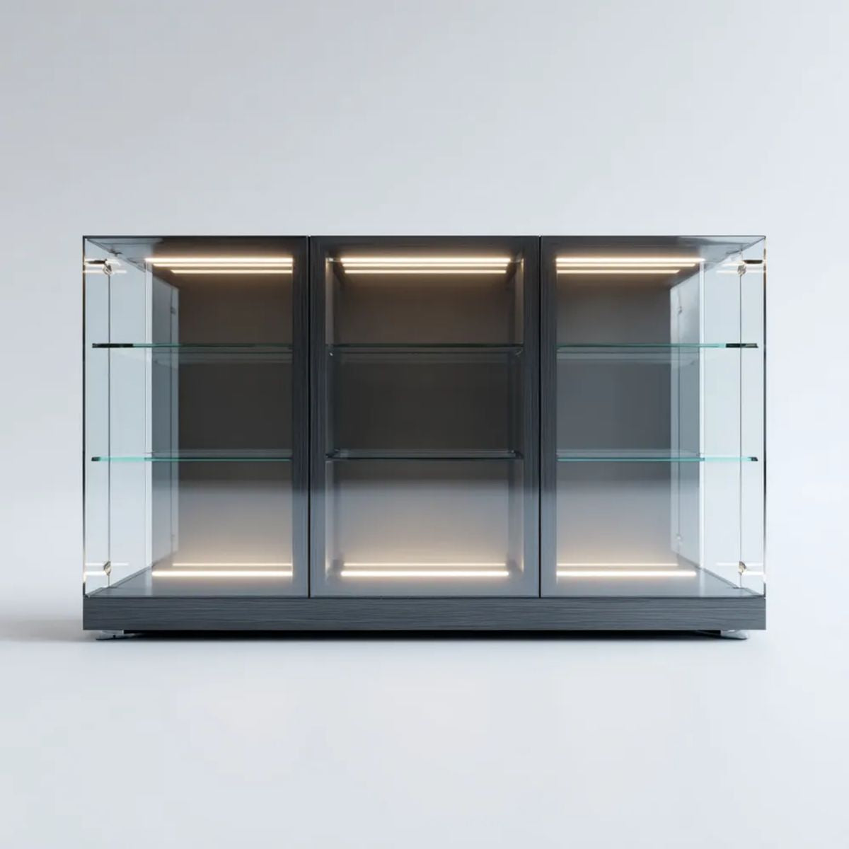 Witryna szklana LED z płytą MDF, grafitowa/transparentna, 160 x 40 x 90 cm