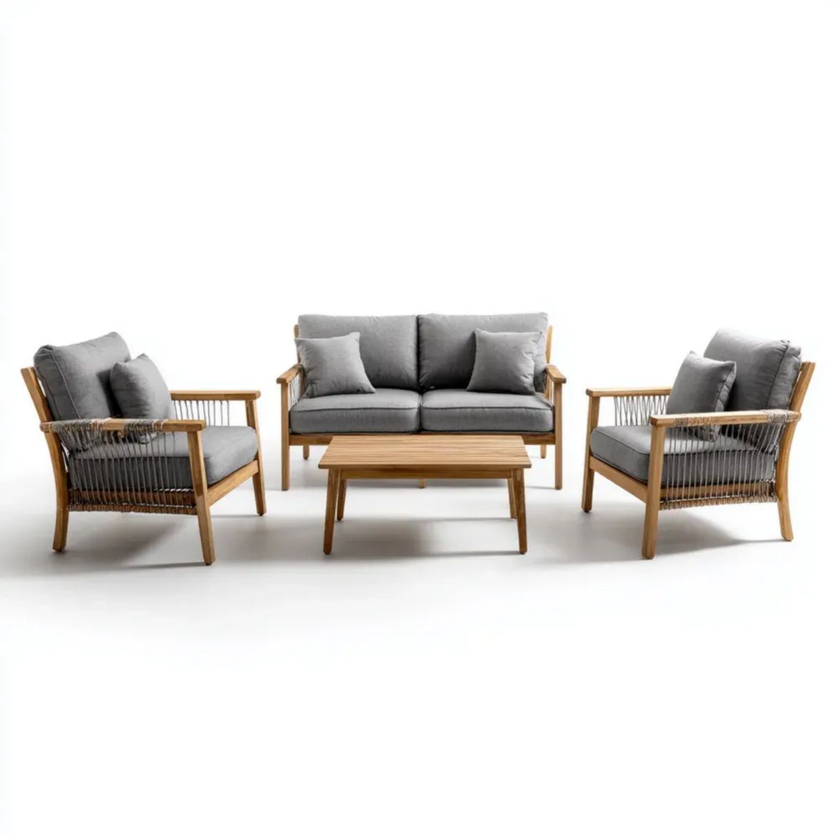 4-częściowy zestaw mebli ogrodowych z drewna akacjowego, naturalny brąz/szary – sofa 130 x 75 x 75 cm, fotele 70 x 75 x 75 cm, stolik 100 x 60 x 40 cm
