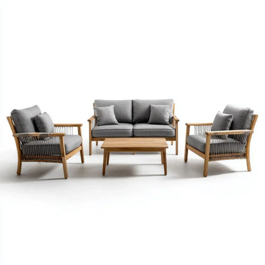 4-częściowy zestaw mebli ogrodowych z drewna akacjowego, naturalny brąz/szary – sofa 130 x 75 x 75 cm, fotele 70 x 75 x 75 cm, stolik 100 x 60 x 40 cm