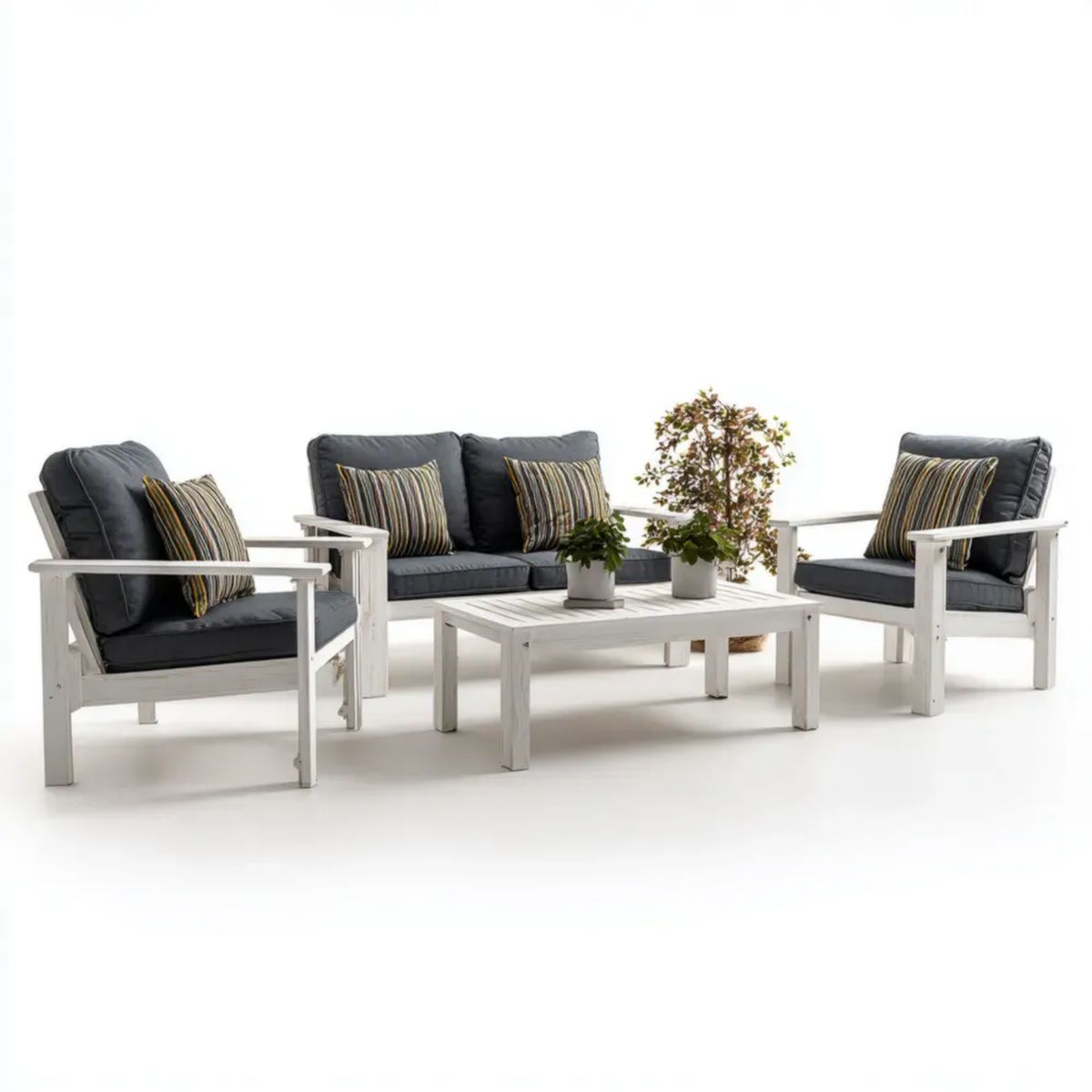 4-częściowy drewniany zestaw mebli ogrodowych, biały/grafitowy, sofa 124 x 70 x 80 cm, 2 fotele 68 x 70 x 80 cm, stolik 100 x 60 x 45 cm
