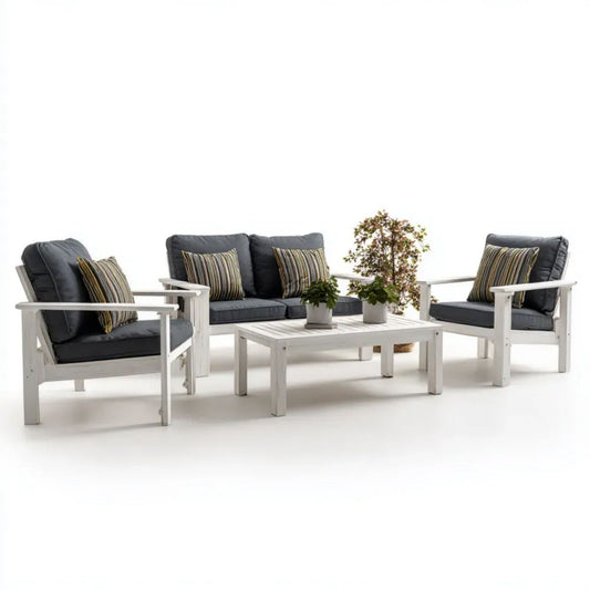 4-częściowy drewniany zestaw mebli ogrodowych, biały/grafitowy, sofa 124 x 70 x 80 cm, 2 fotele 68 x 70 x 80 cm, stolik 100 x 60 x 45 cm