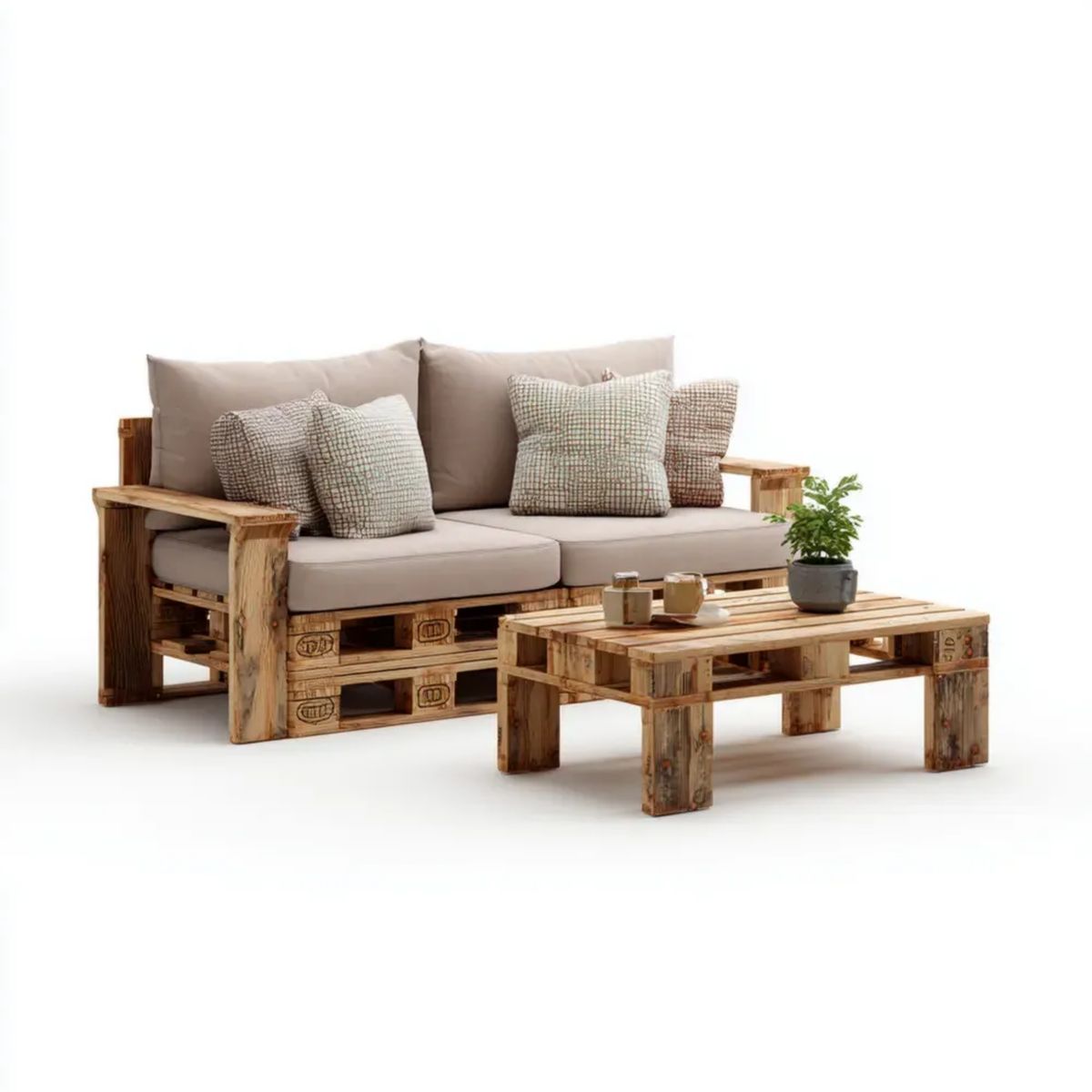Ogrodowy zestaw mebli z palet drewnianych – sofa 2-osobowa 160 × 80 × 75 cm i stolik prostokątny 120 × 80 × 45 cm, naturalny brąz/beżowy