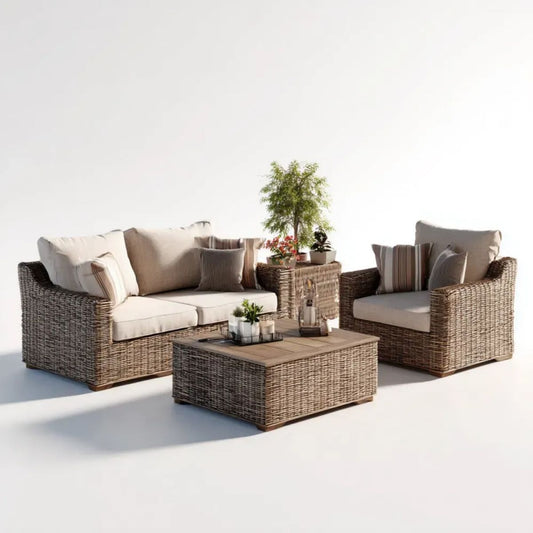 Brązowo-kremowy zestaw mebli ogrodowych z technorattanu – sofa 2-osobowa 150 x 80 x 75 cm, fotel, 2 stoliki