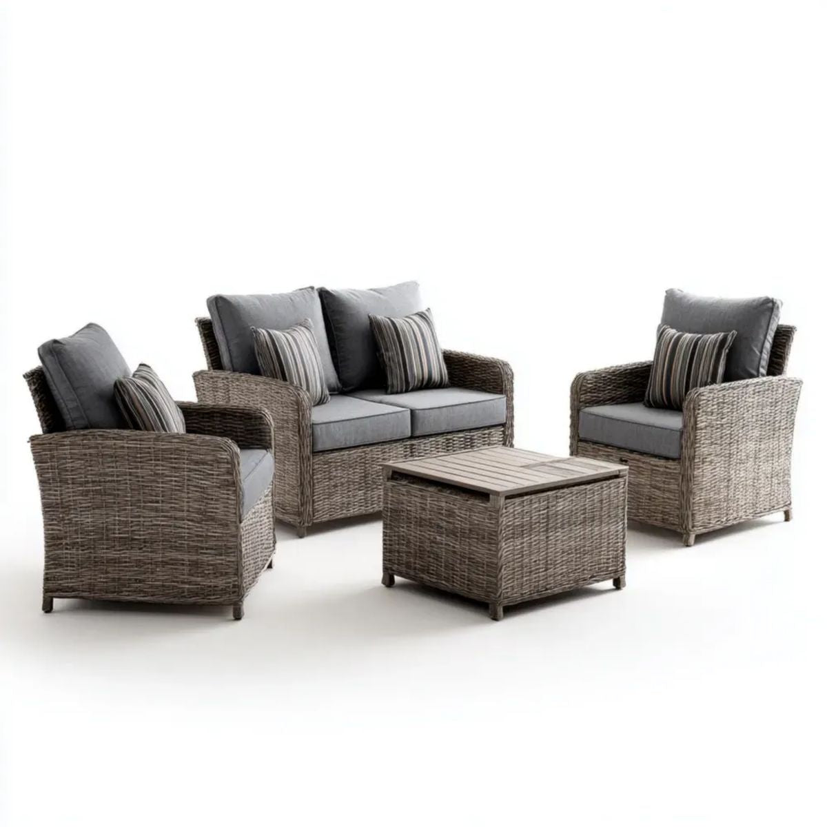 4-częściowy zestaw mebli ogrodowych z technorattanu, szary i szarobrązowy, sofa 2-osobowa, 2 fotele, stolik 120 × 65 cm