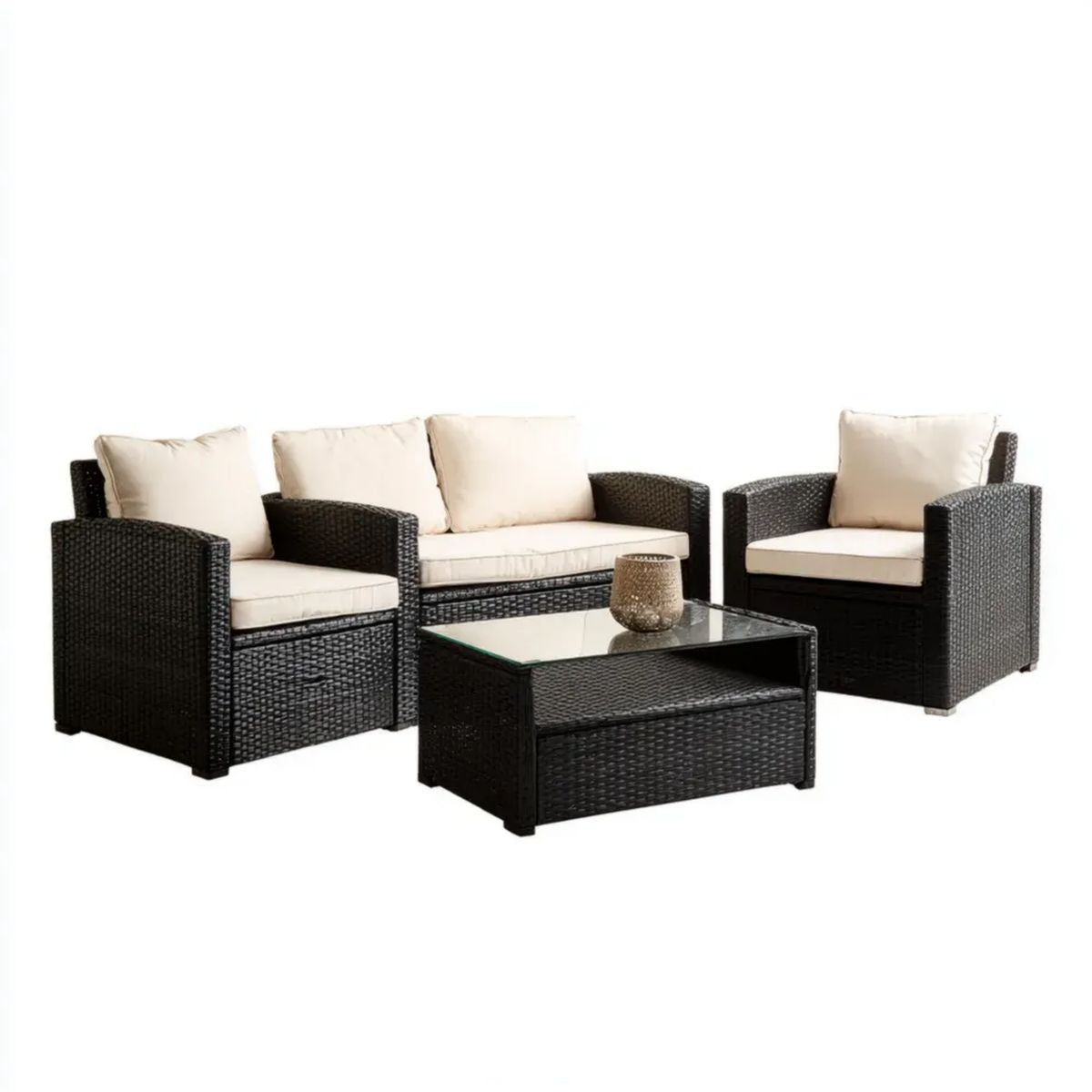 4-częściowy zestaw mebli ogrodowych z technorattanu, czarny/kremowy, sofa 124 × 65 × 73 cm